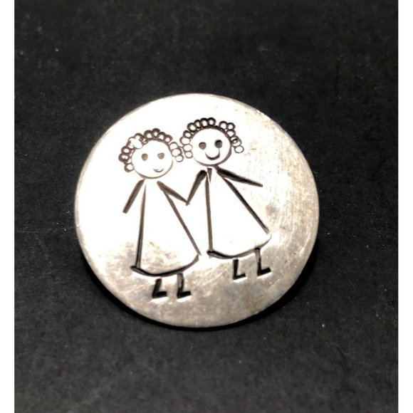 Sterling Handmade JMS Gemini Twin Girls Zodiac May June Pin Brooch Vintage - Picture 2 of 3